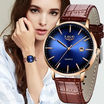 2022LIGE Dámske Športové Hodinky Top Značky Módnych Bežné Luxusné Hnedé Kožené Nepremokavé Náramkové hodinky pre Lady Quartz Hodinky+Box
