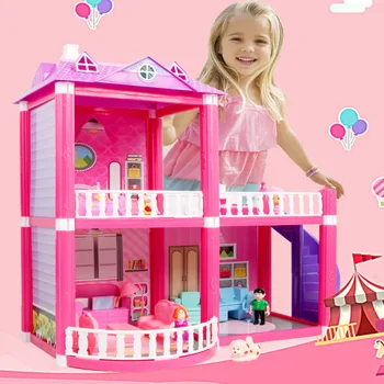 Deti DIY Doll House Hračky Ružový Zostaviť Princezná Villa Ručné Stavebné Casa Miniatúrny domček pre bábiky s Nábytkom Pre Deti Darček